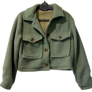 Pretty Garden Chic Women's Sage Green Sherpa Cropped Jacket Small